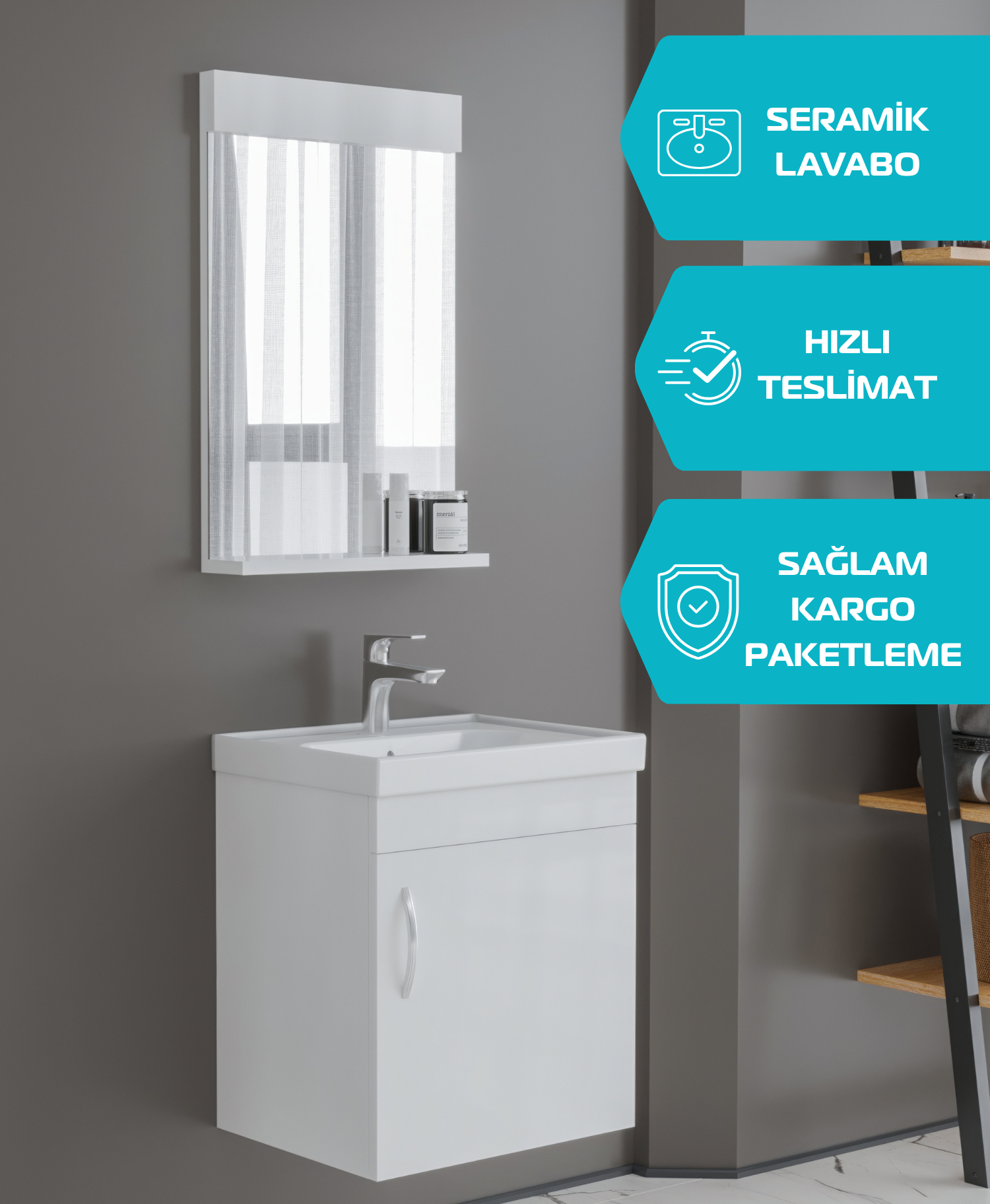 Luzia 50 Cm Banyo Dolabı (Lavabo Dahil, Ayna Dahil)